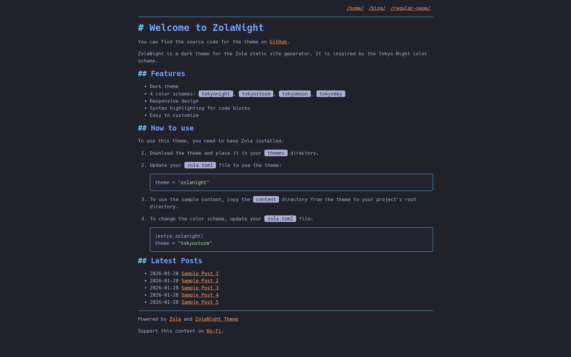 Screenshot of zolanight